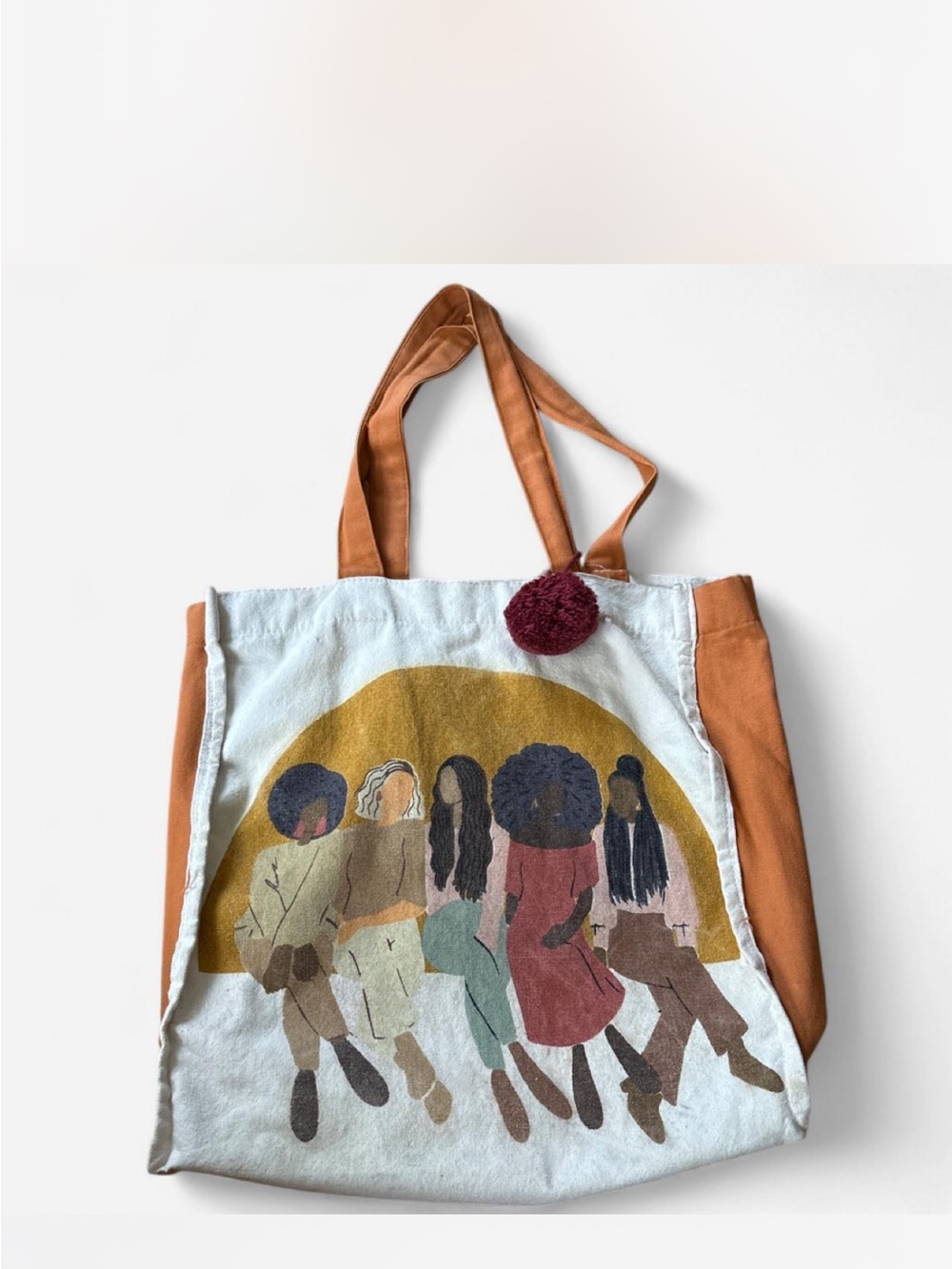 Canvas Tote Bag with Multicolor Illustration - Rust Handles